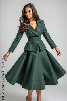 Elegant Emerald Green Midi Skirt Suit set with Notched Lapel Blazer and Waist Peplum Green Midi Skirt, Character Fashion, Skirt Suit Set, Lapel Blazer, Peplum Jacket, Suit Set, Flared Skirt, Skirt Suit, Olivia Mark