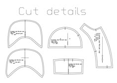 the cut details and measurementss for a hat, which is shown in black on a white background