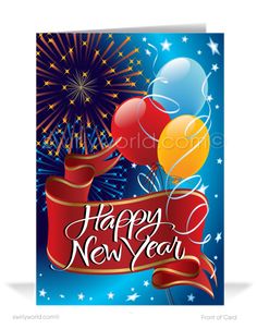 a happy new year card with balloons and fireworks