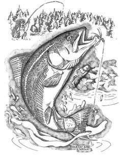 a black and white drawing of a fish with a fishing pole in it's mouth