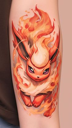 a woman's thigh with a tattoo of a fire breathing pikachu on it