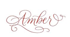 the word amber written in cursive writing on a white paper with red ink