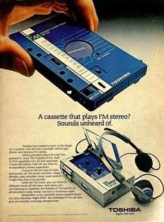 an advertisement for toshiba's cassette player with headphones and earbuds