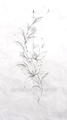 a drawing of flowers and leaves on white paper