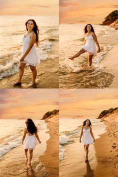 a woman standing on top of a sandy beach next to the ocean in white dress