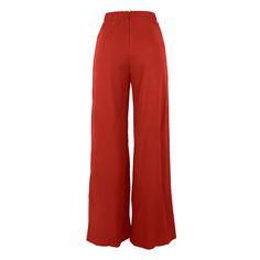 Red Back Zipper Casual Wide Leg Pants Non-stretch Red Pants, Red Solid Long Pants, Red Solid Color Long Pants, Chic Red Pants With Elastic Waistband, Red Pants For Workwear, Red Solid Color Bottoms For Fall, Non-stretch Red Bottoms, Red High Waist Pants With Elastic Waistband, High Waist Red Pants With Elastic Waistband