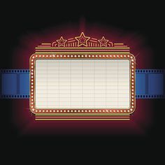 an old fashioned movie frame with stars on the top and blue ribbon around it, against a black background