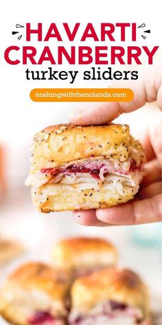 A hand holding a turkey slider. Sliders Recipes Hawaiian Rolls Turkey, Hawaiian Roll Turkey Sliders, Sliders With Hawaiian Rolls, Sliders Recipes Turkey, Sliders Recipes Hawaiian Rolls, Sliders Recipes, Cranberry Turkey