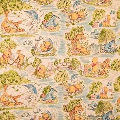 winnie the pooh wallpaper with many different animals and trees on it's surface