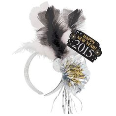 a happy new year hat with feathers and streamers