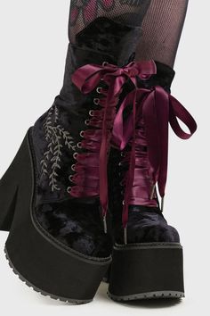 In A Phase Boots Ribbon Laces Boots, Boots With Ribbon Laces, Cute Goth Shoes, Styling Platform Boots, Vampire Boots, Purple Goth Outfits, Gothic Platforms, Lace Heel Boots, Black Prom Shoes