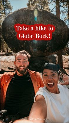 two people taking a selfie in front of a rock with the words take a hike to globe rock