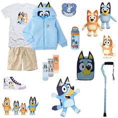 an assortment of children's clothing and toys