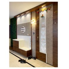 the interior of a hair salon with wood paneling and white counter tops on both sides