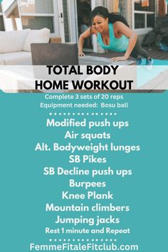 Here is an amazing total body workout you can complete at home that will build strength, lean muscle and improve endurance. #totalbodyworkout #workout #fitness #fitnesstips Aerobic Workout, Sports Physical Therapy, Air Squats, Workout For Women, Yoga Moves, Build Strength