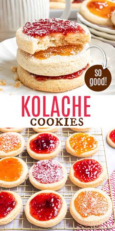 some cookies with jam on them and the words kolache cookies above it in red