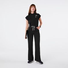 Official FIGS® Scrubs. Ridiculously Soft Scrubs Designed Just For You. Get Free Shipping On Orders $50+! | FIGS Womens Black Rafaela Wide Leg - Tall ScrubJumpsuit™ Black Scrubs Outfit, Black Figs, Leg Scrub, Black Fig, Scrubs Outfit, Black Scrubs, Figs Scrubs, Lab Coats, Santa Baby