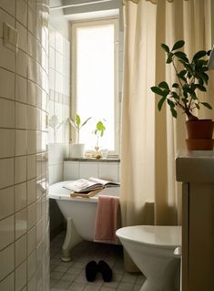 a bathroom with a toilet, bathtub and plant in it's window sill