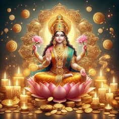 the goddess sitting on top of a lotus surrounded by gold coins and lit candles in front of her