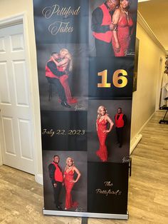 a sign with photos of people in red dresses and the number 16 on it,