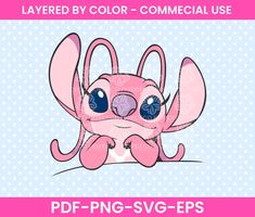 a pink cartoon character with big eyes and large ears, sitting in front of a blue background