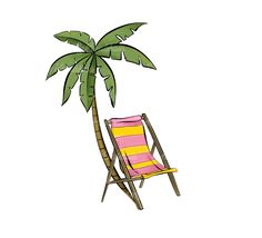 a chair with a palm tree on the back is painted in pink and yellow stripes