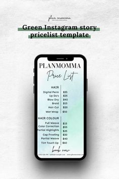 a cell phone with the text green instagram story price list on it and an image of
