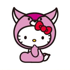 a hello kitty sitting on the ground with her hands in her pockets and wearing a pink outfit