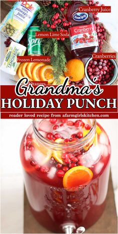 Red holiday punch in glass drink dispenser with ice cubes, fresh cranberries and orange slices. Christmas Punch With Pineapple Juice, Punch With Frozen Lemonade, Pot Luck Ideas, Cranberry And Pineapple, Easy Holiday Drinks, Punch Christmas, Holiday Party Drinks