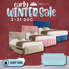 an advertisement for the early winter sale with two beds and nightstands in different colors