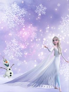 the frozen queen and her snowman are standing in front of some snowflakes