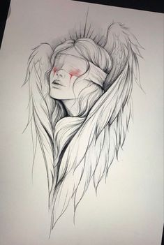 a drawing of an angel with long hair and red eyes