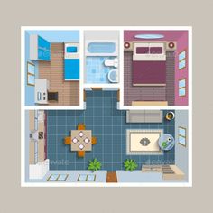 an overhead view of a house with furniture and kitchen - miscellaneous objects illustrations on separate layers