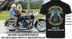 an old man with a motorcycle t - shirt is on the front and back of this photo