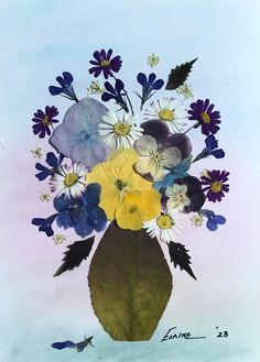 a painting of blue and yellow flowers in a vase