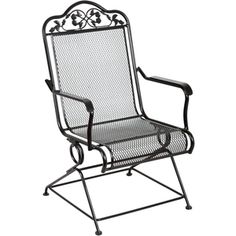 an iron patio chair with black wrought frame and armrests, viewed from the front