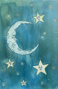 a painting of a crescent and stars in the sky