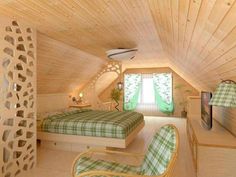 a bedroom with green and white plaid bedspread on the bed, two wicker chairs