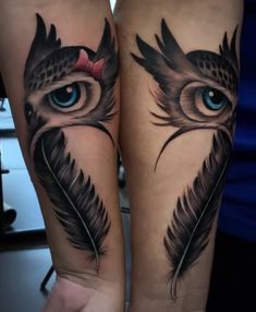 two tattoos with blue eyes and feathers on their legs