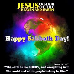 the words jesus creator heaven and earth written in rainbow colors on a black background with a colorful