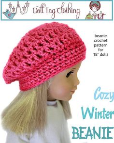 a doll wearing a pink knitted hat with long blonde hair and bangs, in front of a white background