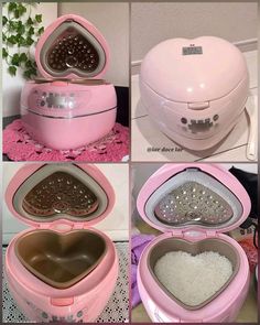 four pictures of different types of heart shaped containers with lids and spoons in them