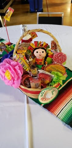 a basket filled with lots of food sitting on top of a table