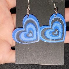 Beautiful Blue Heart Earrings Handmade Made Out If Acrylic Valentine's Day Blue Heart Earrings, Blue Heart Earrings For Gift, Blue Heart Charm Earrings For Valentine's Day, Blue Heart-shaped Earrings For Valentine's Day, Trendy Blue Heart Earrings For Gift, Trendy Blue Jewelry With Heart Charm, Blue Heart-shaped Earrings With Ear Wire, Blue Heart Earrings For Valentine's Day, Blue Earrings For Valentine's Day Gift