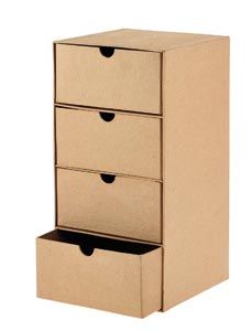 three drawers are stacked on top of each other in the same cardboard box and one drawer is open