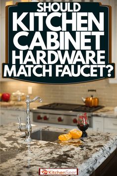 an advertisement for kitchen cabinet hardware in the middle of a counter with oranges on it