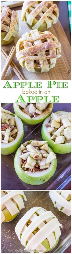 apple pies baked in an apple pie crust with apples and pecans on top