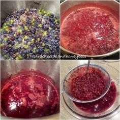 four pictures showing how to make blueberry sauce