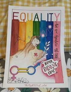 a card with an image of a woman holding a giant key in front of a rainbow background