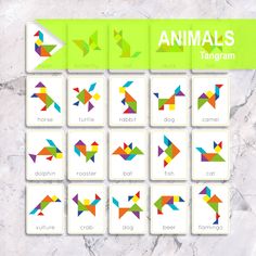 an animal's tanggram is shown with different colors and shapes on the tiles